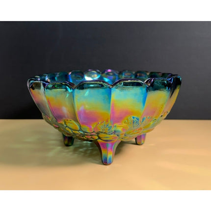 Indiana Glass Harvest Grape Carnival Glass Iridescent Footed Bowl 12" Vintage