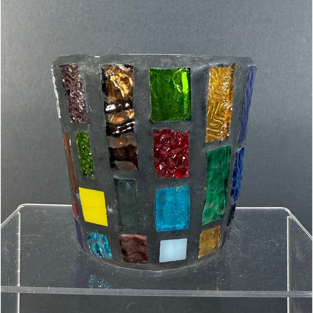 MCM Stained Glass Mosaic Candle Holder Vase Color Block Art Glass Vintage Decor
