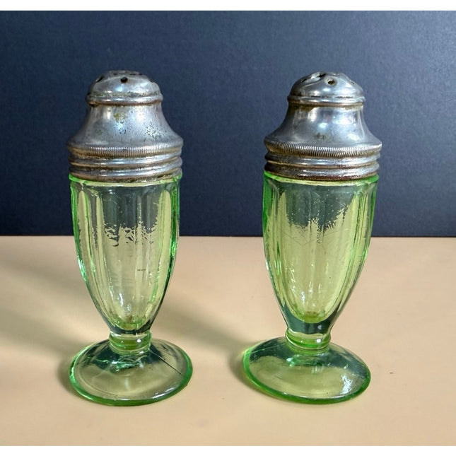 Hazel Atlas Green Uranium Depression Glass Salt & Pepper Set w/ Caps