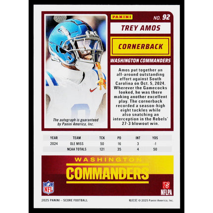 Trey Amos 2025 Score #92 RC,AU Washington Commanders