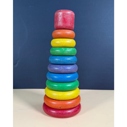Vintage Playskool Wooden Rainbow Ring Stacking Tower Toy with 11 Pieces