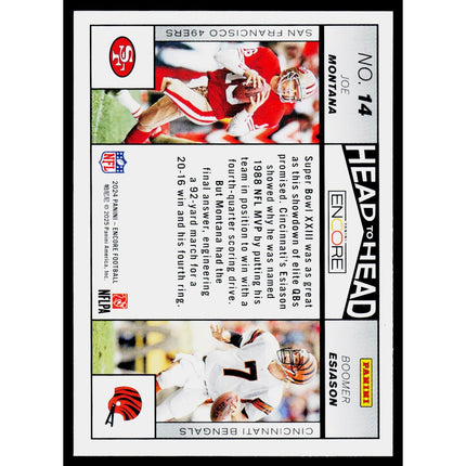 Joe Montana / Boomer Esiason SN1 2024 Panini Encore Head to Head Platinum #14