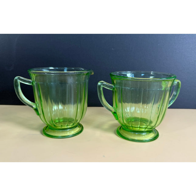 Federal Green Uranium Depression Glass Creamer & Sugar Set