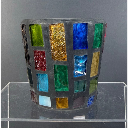VTG MCM Stained Glass Mosaic Art Vase Candle Holder Geometric Color Block Design