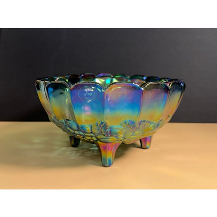 Indiana Glass Harvest Grape Carnival Glass Iridescent Footed Bowl 12" Vintage