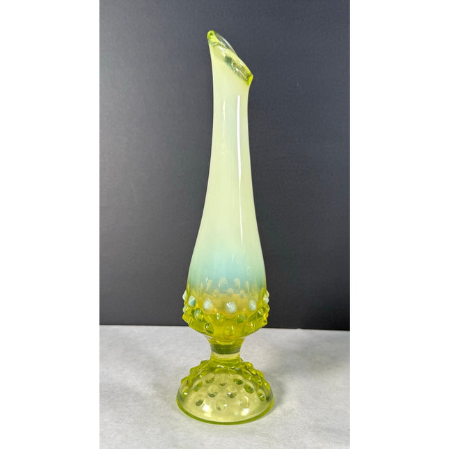 Vintage Fenton Yellow Opalescent Hobnail Uranium Glass 9" Swung Bud Vase