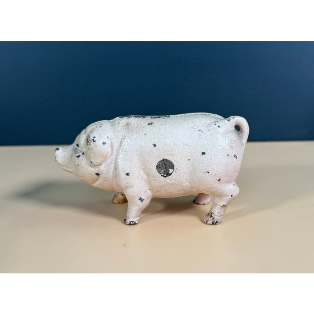 Vintage Cast Iron Pig Still Bank Rustic Farmhouse Figurine 4.25" All Original