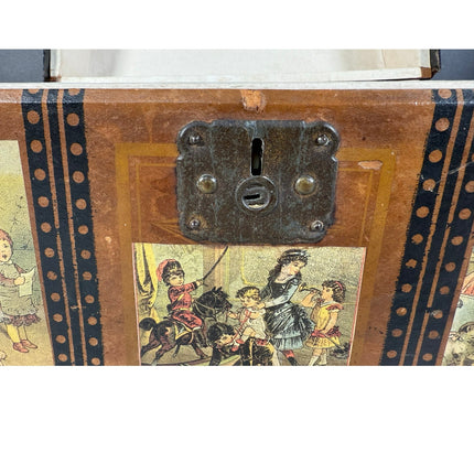 Child’s Humpback Trunk w/ Victorian Scenes – Early 1900s Antique Chest