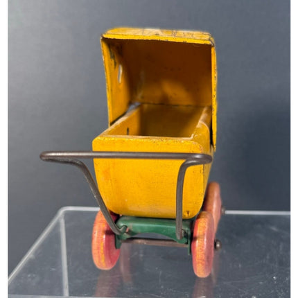 Baby Buggy Carriage Pressed Steel & Tin Wooden Toy 1940s Vintage Collectible