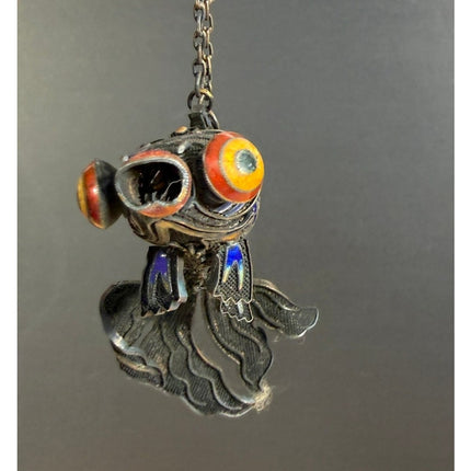 Cloisonne Koi Fish Pendant Sterling Silver 3.5" Vintage Jewelry Collectible