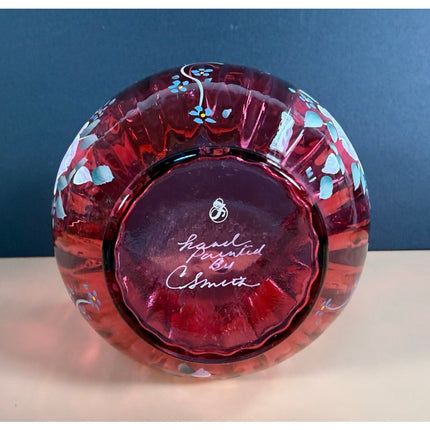 Fenton Cranberry Glass Vase Hand Signed C. Smith Painted Floral Ruffled Rim