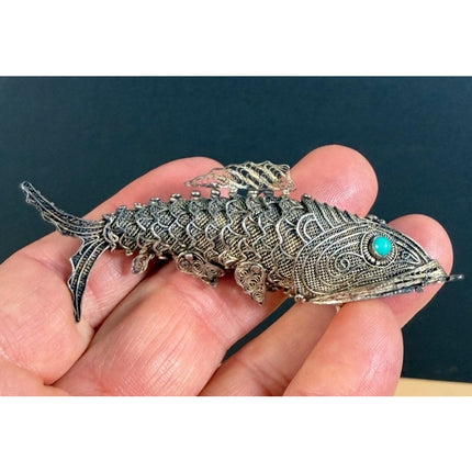 Vintage Koi Fish Sterling Silver Articulated Pomander Pendant Turquoise Eyes