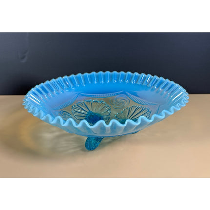 Antique Blue Opalescent Pretzel Footed Bowl Ruffled Rings Art Glass 9"