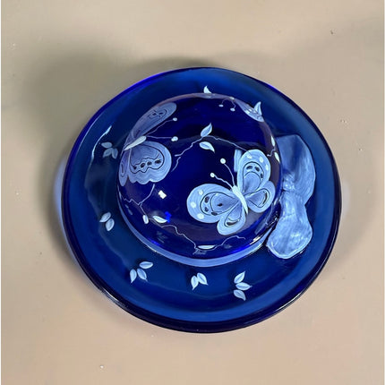 Fenton Cobalt Blue Bye Bye Butterfly Hand Painted Glass Art Hat w/ Stand 21/2500