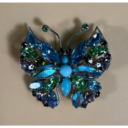 Multicolor Rhinestone Butterfly Brooch Regency-Style Costume Jewelry Pin