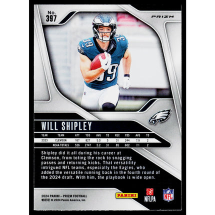 Will Shipley 2024 Panini Prizm Lazer #397 RC Philadelphia Eagles