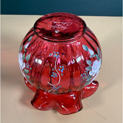 Fenton Cranberry Glass Vase Hand Signed C. Smith Painted Floral Ruffled Rim