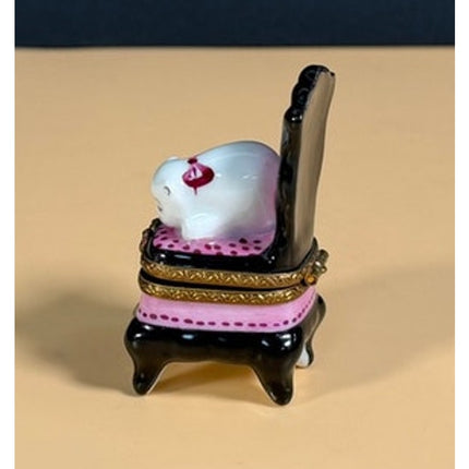 Limoges France Porcelain Cat Napping on Chair Figurine Hand Painted Trinket Box