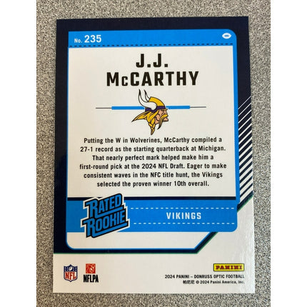 J.J. McCarthy RC 2024 Donruss Optic #235 Rated Rookie Minnesota Vikings QB