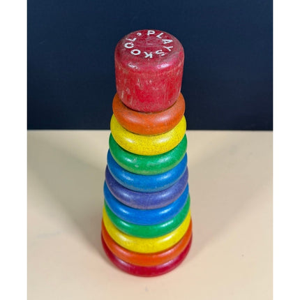 Vintage Playskool Wooden Rainbow Ring Stacking Tower Toy with 11 Pieces