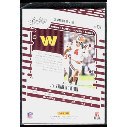Jer'Zhan Newton 2024 Panini Absolute Retail #136 RC Washington Commanders