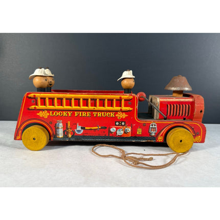Fisher Price 12” Lookey Wooden Fire Truck Pull Toy Vintage Working