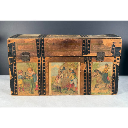 Child’s Humpback Trunk w/ Victorian Scenes – Early 1900s Antique Chest