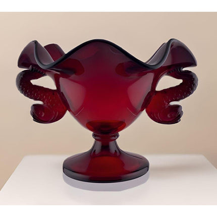 1920s Fenton Dolphin Double Handled Footed Ruby Vase HTG 4.5"