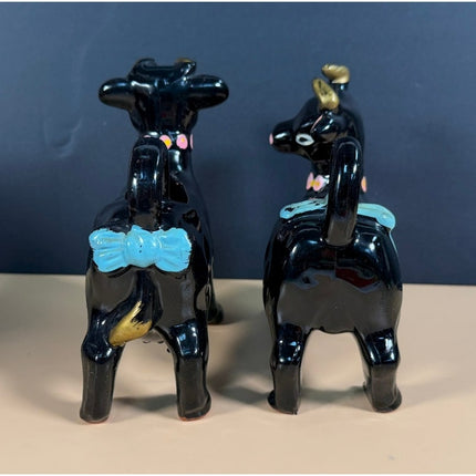 Vintage Redware Cow Creamer & Sugar Set Hand Painted Pottery