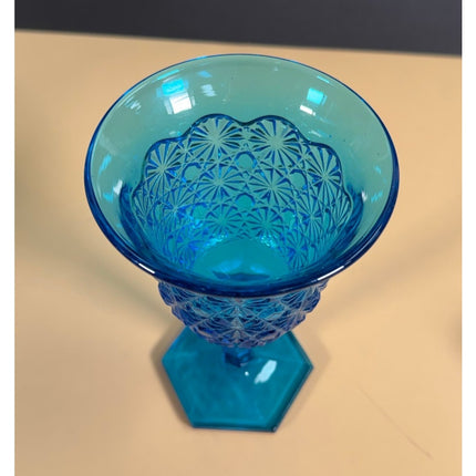 L.E. Smith Blue Daisy & Button Pedestal Candy Dish 8.5" Vintage Glass