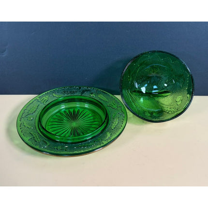 US Glass Green Gold Covered Butter Dish Vintage Pressed Glass