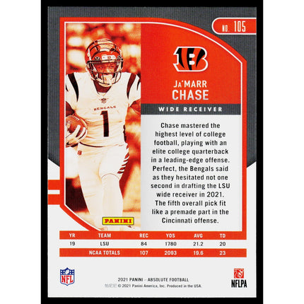 Ja'Marr Chase 2021 Panini Absolute Red #105 Cincinnati Bengals