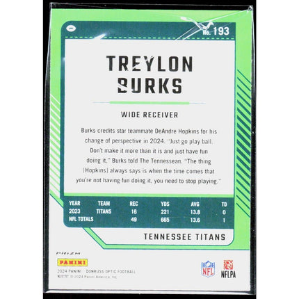 Treylon Burks 2024 Donruss Optic #193 Tennessee Titans