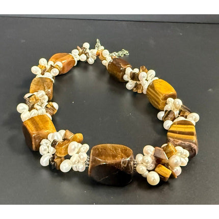 Ross Simons Tiger Eye & Pearl 15" Necklace Sterling Silver Beaded Chunky