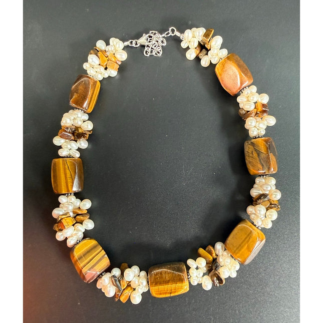 Ross Simons Tiger Eye & Pearl 15" Necklace Sterling Silver Beaded Chunky