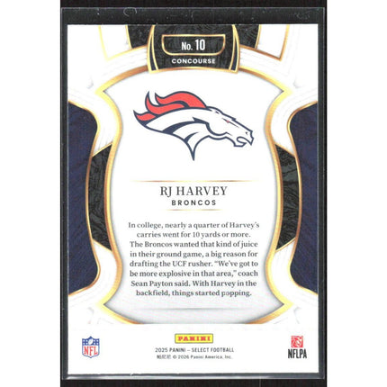 RJ Harvey 2025 Panini Select Silver Prizm Shock #10 Denver Broncos