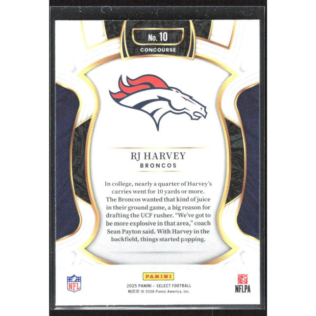 RJ Harvey 2025 Panini Select Silver Prizm Shock #10 Denver Broncos