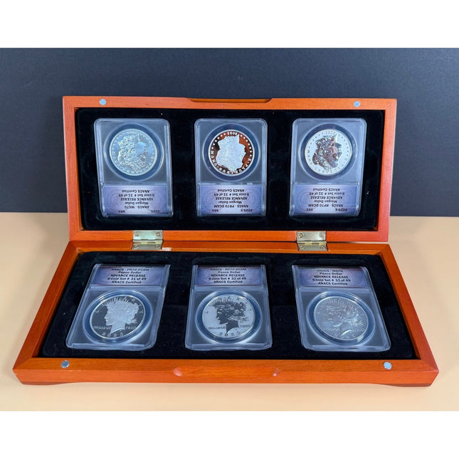 ANACS MS70 DCAM Advance Release Silver Dollar 6 Coin Set Wood Display Case
