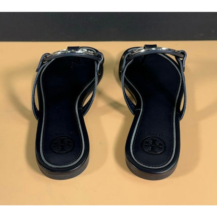 Tory Burch Miller Metal Logo Thong Sandals Navy Silver #47617 Women's 6.5 NIB