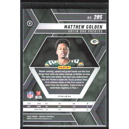 Matthew Golden 2025 Panini Mosaic Mosaic Reactive Purple #285 RC Packers