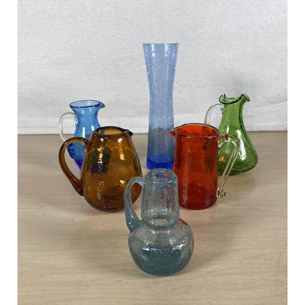 Vintage 1970s Handblown Crackle Glass 3-7" Vases Pitchers Set of 6