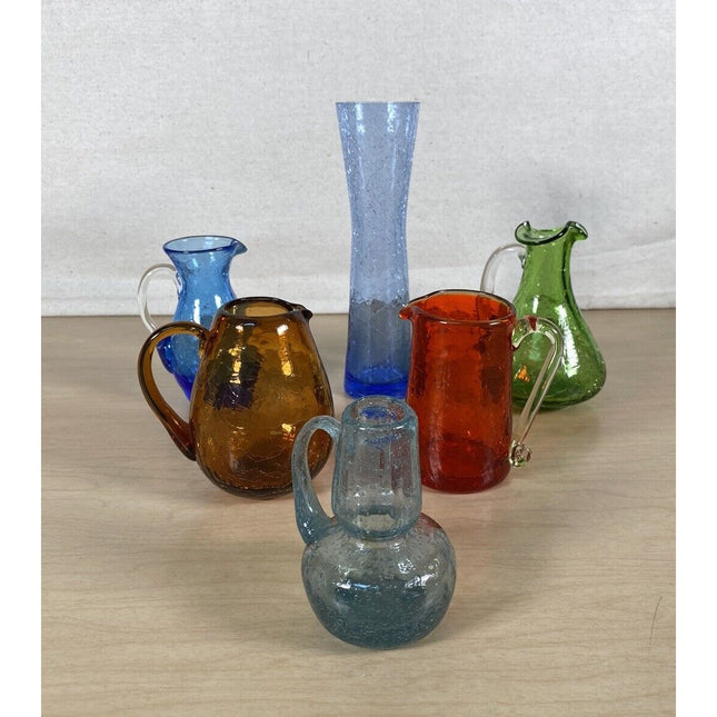 1970s Handblown Crackle Glass Vases & Pitchers – Set of 6 (3–7") Vintage Decor