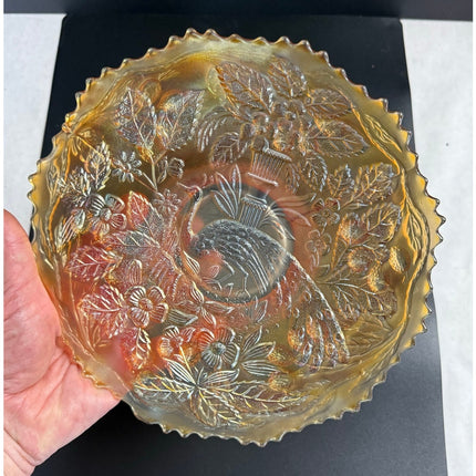 Antique Fenton “Peacock and Urn” Carnival Glass 9" Ruffled Plate
