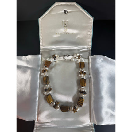 Ross Simons Tiger Eye & Pearl 15" Necklace Sterling Silver Beaded Chunky
