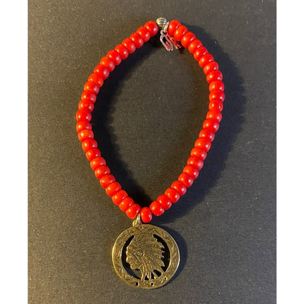 Carolyn Pollack Red Coral Beaded Stretch Bracelet w/ 925 Indian Head Charm