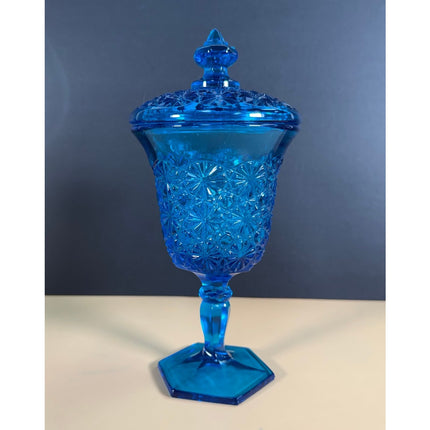 L.E. Smith Blue Daisy & Button Pedestal Candy Dish 8.5" Vintage Glass