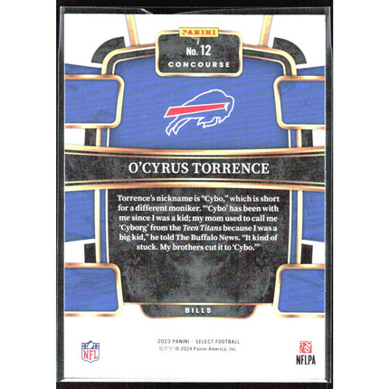 O'Cyrus Torrence 2023 Panini Select #12 RC Buffalo Bills