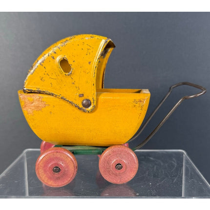 Baby Buggy Carriage Pressed Steel & Tin Wooden Toy 1940s Vintage Collectible