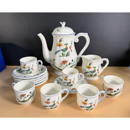Gien France Oiseaux De Paradis Tea Set 14 Pc Teapot, Creamer, 6 Cups & Saucers