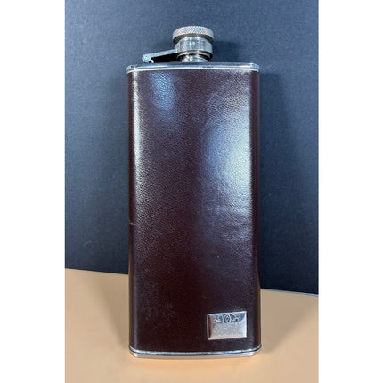Vintage Whiskey Hip Flask 5 oz Maroon Leather Cover Monogrammed 6¼"